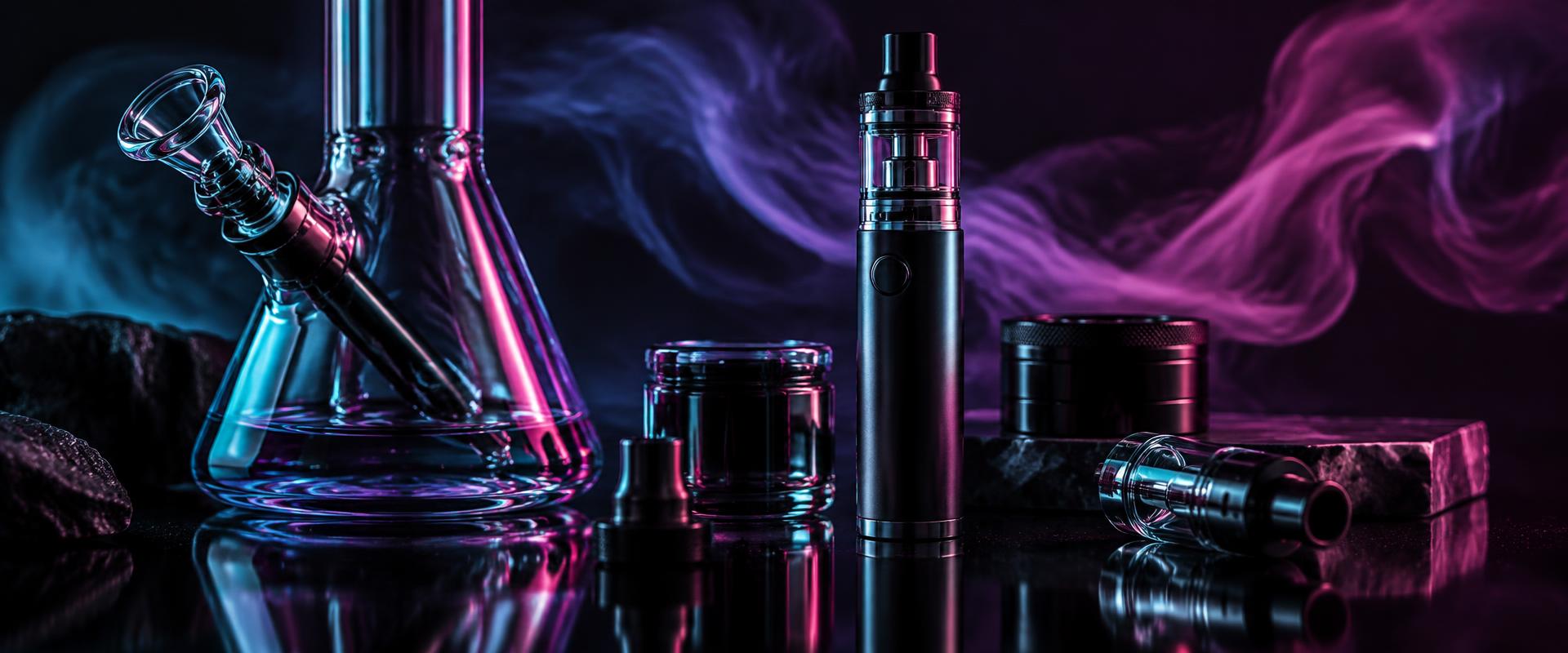 Glass and vape accessories in a cinematic neon studio