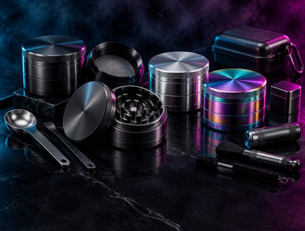 Grinders & Tools arranged in a premium dark studio setting